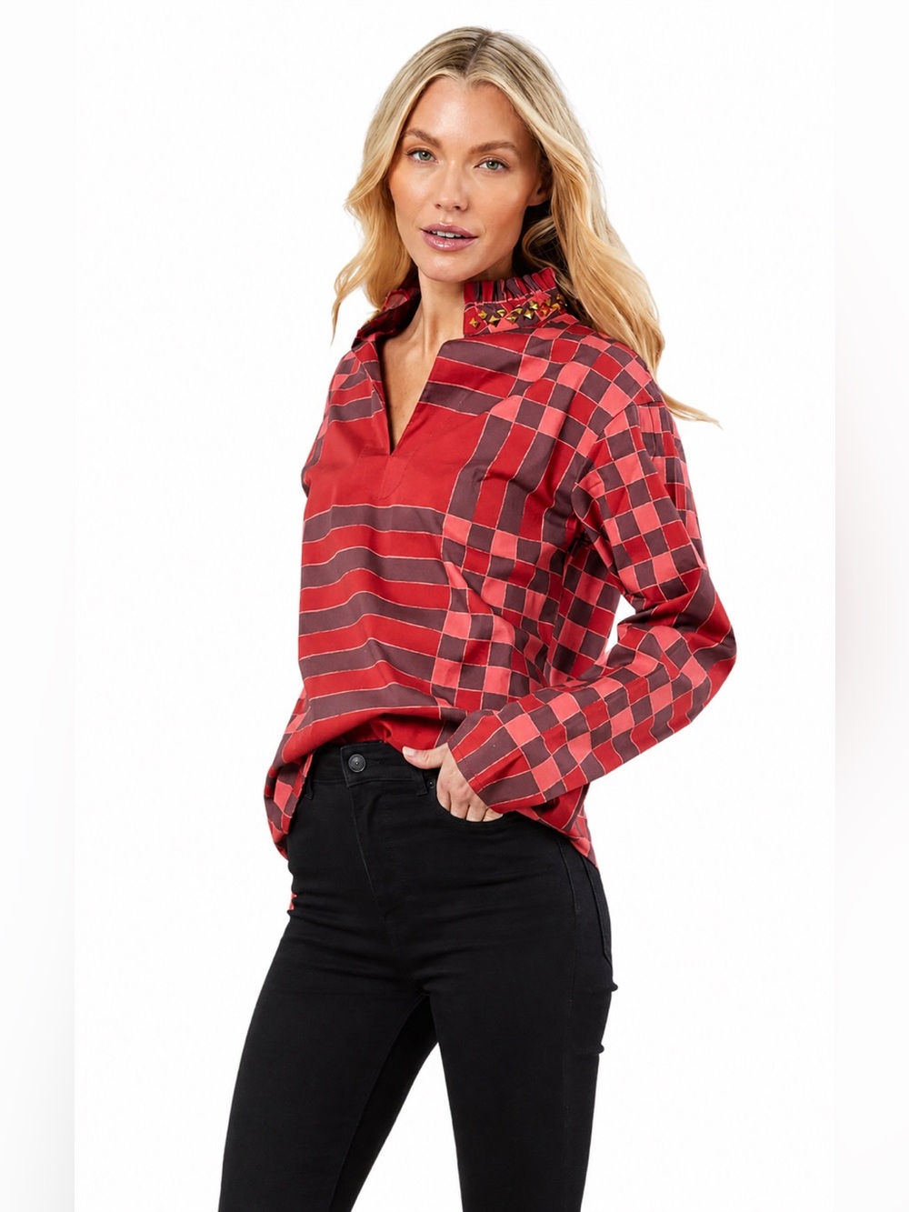 Sheridan French Liv Blouse | Medium | Embellished Collar | Designer Tunic Top